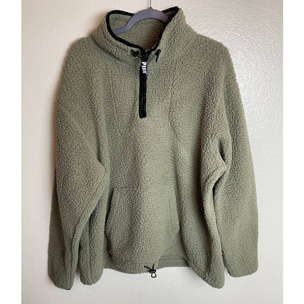 VS PINK sherpa 1/4 zip pullover sweater olive taupe color XL